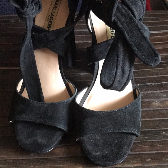 🚨B2G1 KARL LAGERFELD Black Leather Open Toe Block Heels - Picture 6 of 8